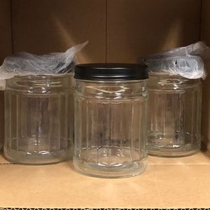 3 Heavy Glass Wide Mouth 24 oz Faceted  Canister Jars with Black Metal Lids NEW